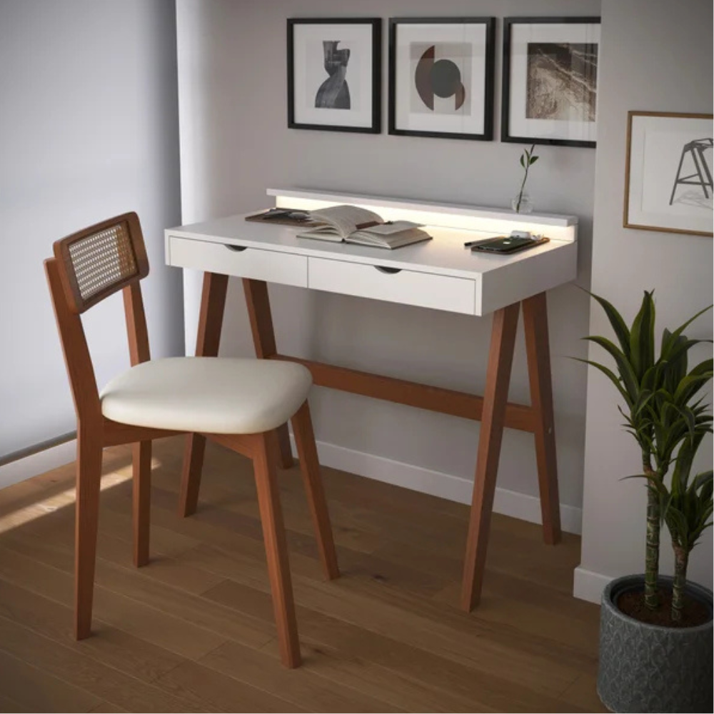 Escrivaninha Olivia 2 Gavetas com LED 90x45cm – Branco/Amêndoa para Home Office e Estudos