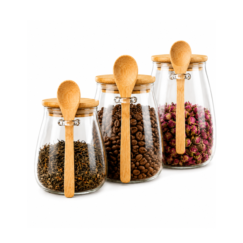 Kit 3 Potes Herméticos de Vidro com Tampa e Colher de Bambu