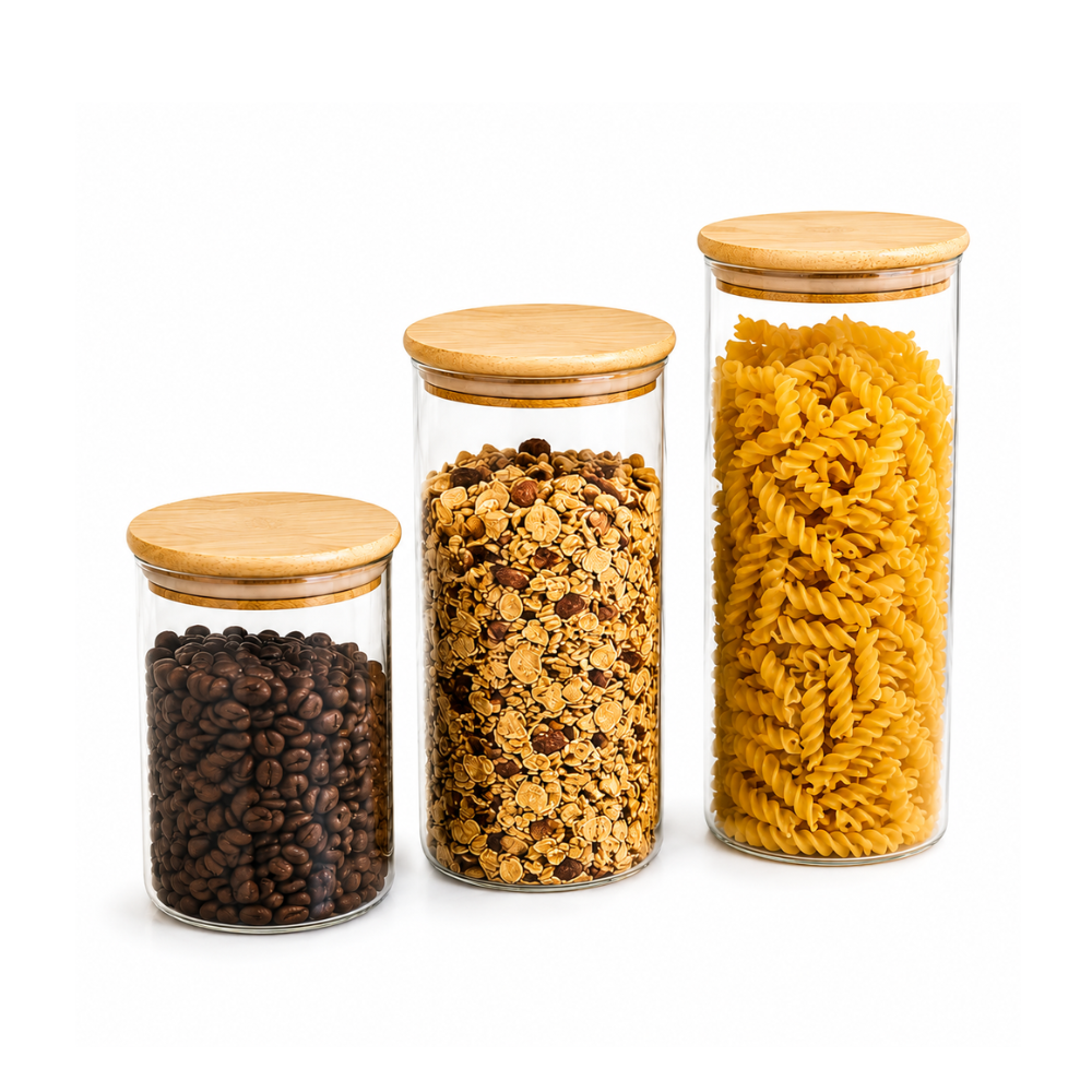 Kit 3 Potes Herméticos de Vidro com Tampa de Bambu