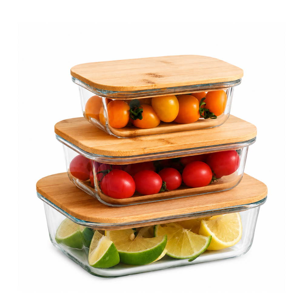 Kit 3 Potes Herméticos de Vidro com Tampa de Bambu – Vedação de Silicone | Organizador de Alimentos Premium