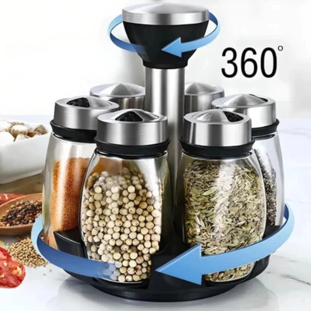 Porta Temperos Giratório em Inox e Vidro com 7 Peças – Organizador de Especiarias para Cozinha
