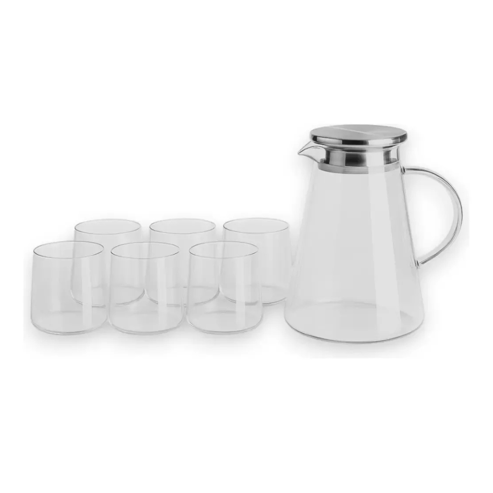 Jarra de Vidro Borossilicato 1,8L com Tampa Inox + Kit 6 Copos 270ml – Conjunto Elegante para Água, Suco e Bebidas