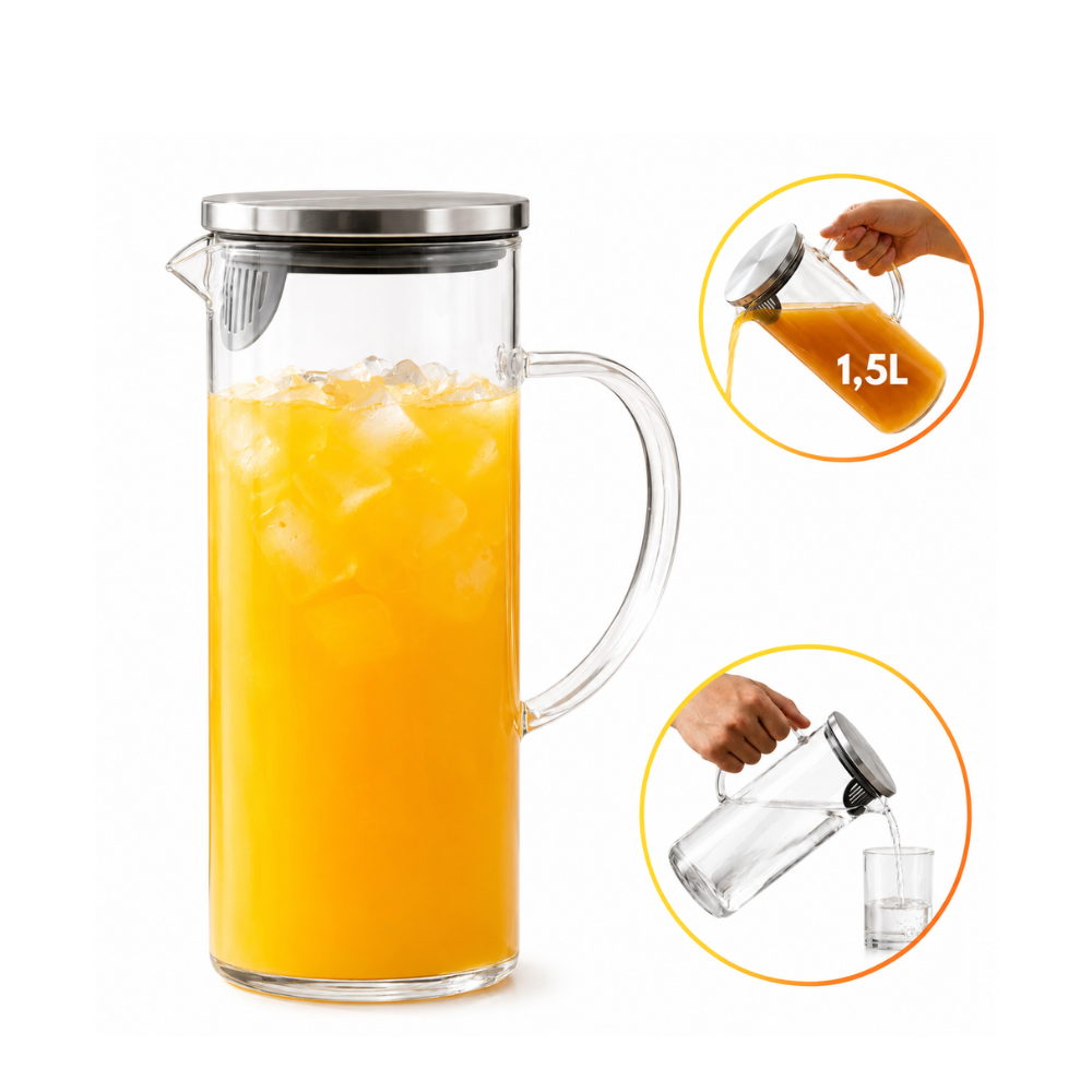 Jarra de Vidro Borossilicato 1,5L com Tampa Inox Hermética – Ideal para Água, Sucos e Bebidas