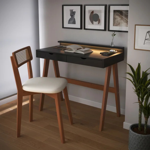 Escrivaninha Olivia 2 Gavetas com LED 90x45cm – Branco/Amêndoa para Home Office e Estudos
