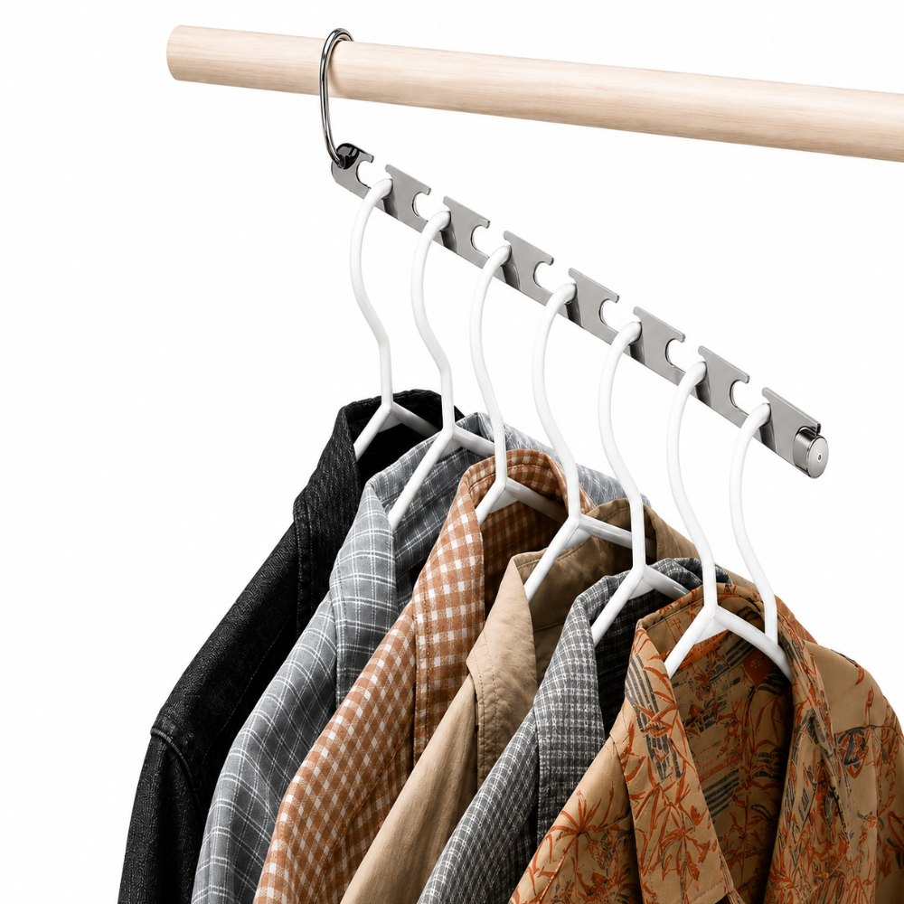 Cabide Multifuncional Retrátil Organizador de Guarda-Roupa – Economize Até 80% de Espaço