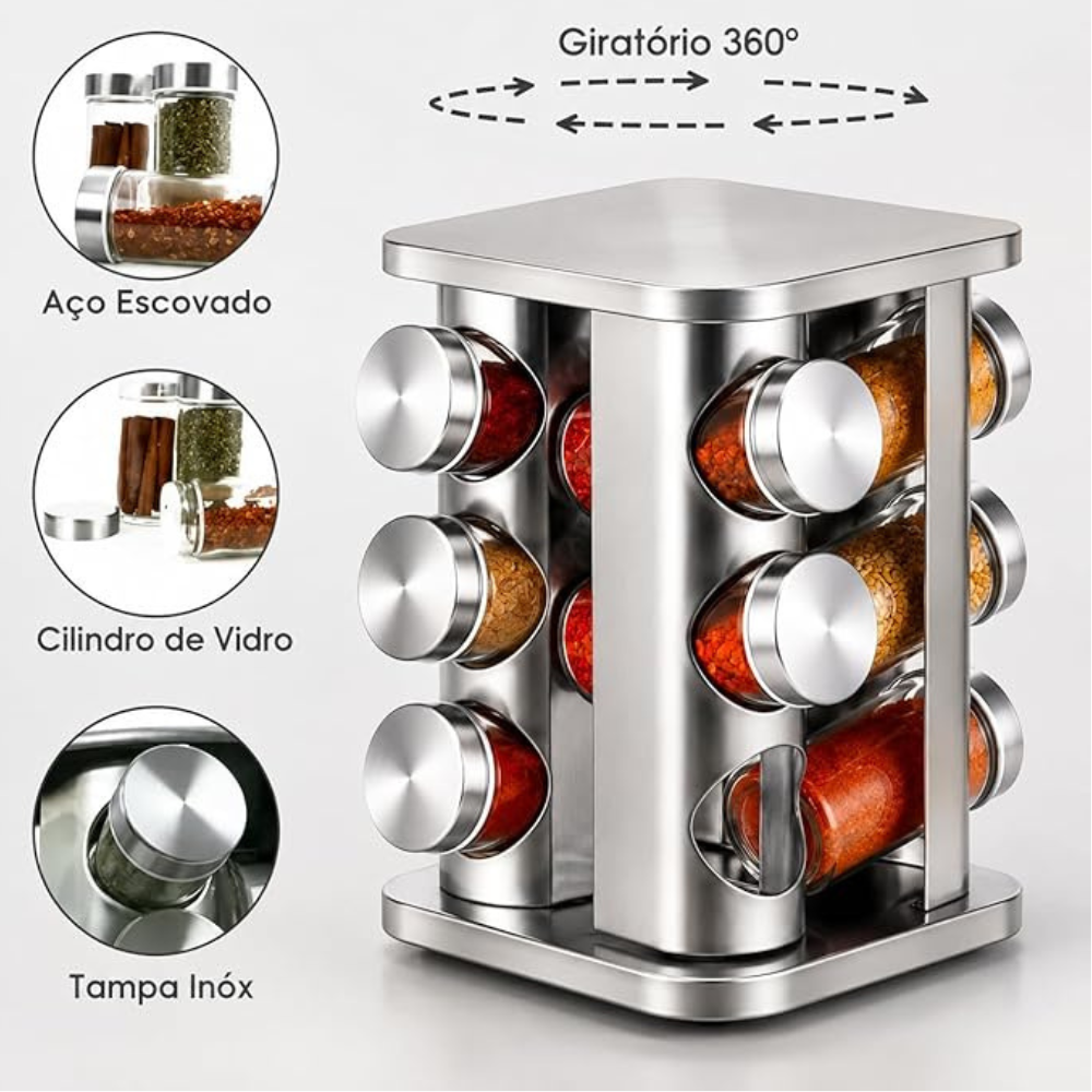 Porta Temperos Giratório 360° com 12 Potes de Vidro e Tampa Inox – Organizador de Especiarias em Aço Inoxidável para Cozinha