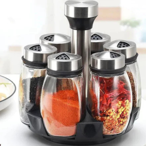 Porta Temperos Giratório em Inox e Vidro com 7 Peças – Organizador de Especiarias para Cozinha