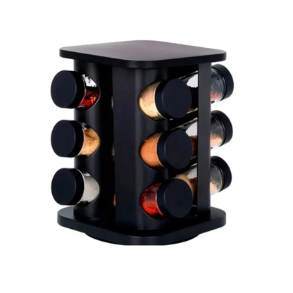 Porta Temperos Giratório com 12 Potes de Vidro – Organizador de Condimentos Preto para Cozinha