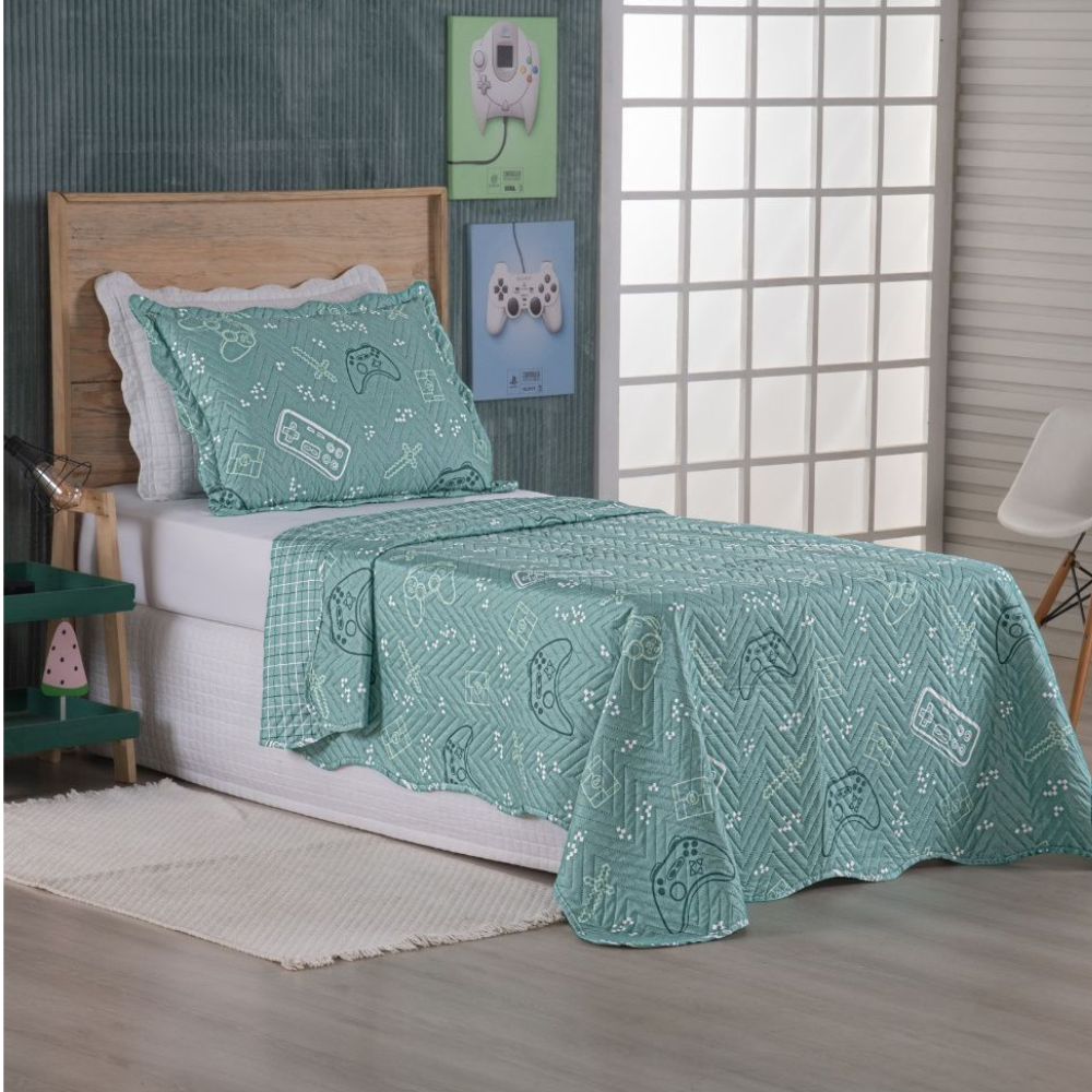 Kit Cobre Leito Colcha Solteiro 2 Peças 150 Fios Matelado Estampado