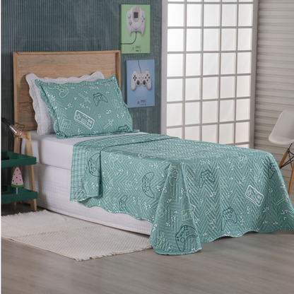 Kit Cobre Leito Colcha Solteiro 2 Peças 150 Fios Matelado Estampado