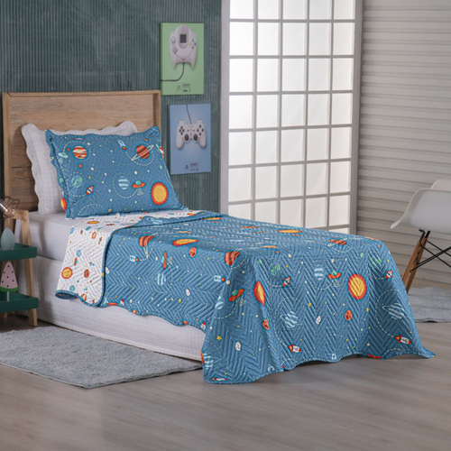 Kit Cobre Leito Colcha Solteiro 2 Peças 150 Fios Matelado Estampado