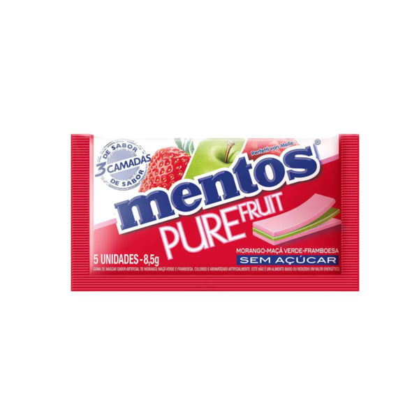 Mentos Pure Fruit Chiclete Sem Açúcar Sabor Morango Maçã Verde e Framboesa com 5 unidades