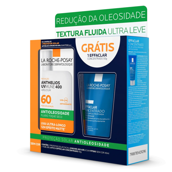 Kit La Roche-Posay Protetor Solar Facial Anthelios UVMune 400 Airlcium Antioleosidade FPS60 50ml + Gel de Limpeza Facial Effaclar Concentrado 50g