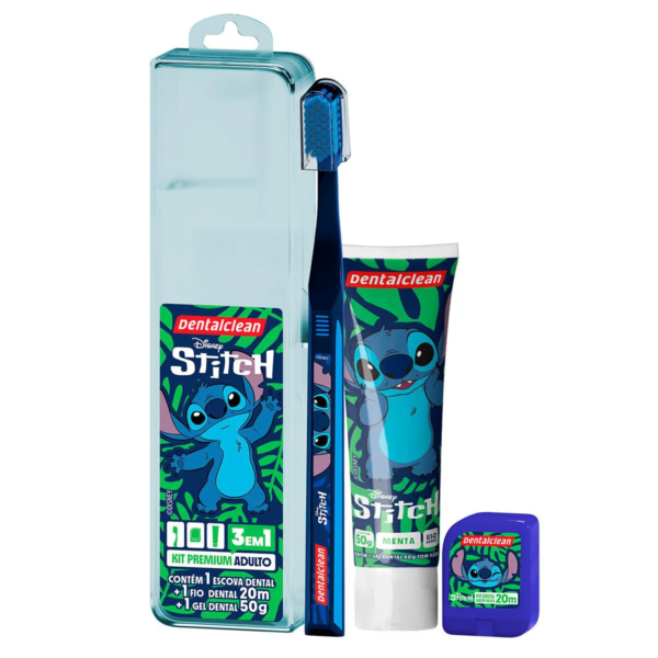 Kit Dentalclean Premium Adulto Disney Stitch 1 Escova de Dente + 1 Fio Dental 20m + 1 Gel Dental 50g