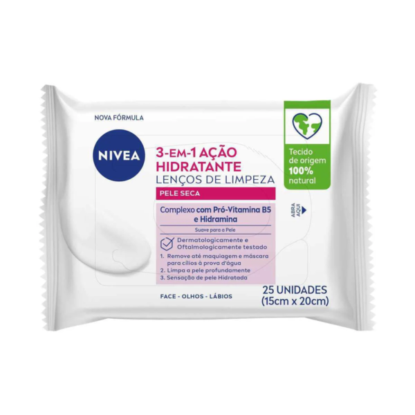 Lenço De Limpeza Facial Nivea 3 Em 1 Ação Hidratante 25 unidades