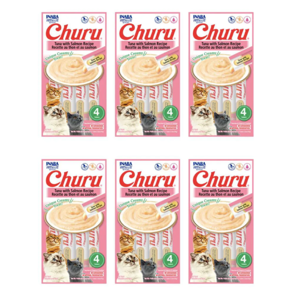 CAIXA 6 UNIDADES PETISCO PURê CHURU ATUM E SALMãO PARA GATOS 56G