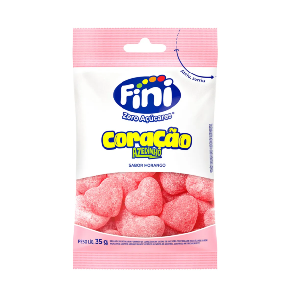 Balas de Gelatina Fini Zero Açúcares Coração Morango Azedinho 35g