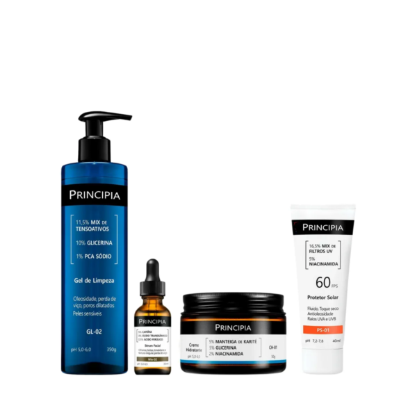 Kit Facial Principia Skincare Gel de Limpeza Suave GL-02 350ml + Sérum Anti-Idade Mix-02 30ml + Creme Hidratante CH-01 50g + Protetor Solar PS-01 FPS 60 40ml