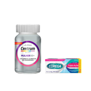 Kit Creme Fixador de Dentadura Ultra Corega Tripla Ação Sem Sabor 8,5g + Polivitamínico Centrum Select Mulher 50+ 60 comprimidos