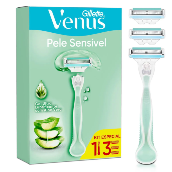 Kit Aparelho de Depilar Gillette Vênus Pele Sensível com Aloe e Vera 1 unidade + Carga 3 Unidades