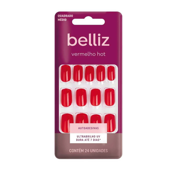 Unhas Postiças Autoadesivas Belliz Vermelho Hot 24 Unidades