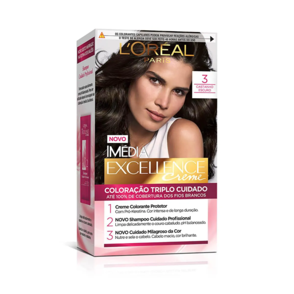 Tinta de Cabelo Permanente Imédia Excellence L'Oréal Paris Creme - 3 Castanho Escuro