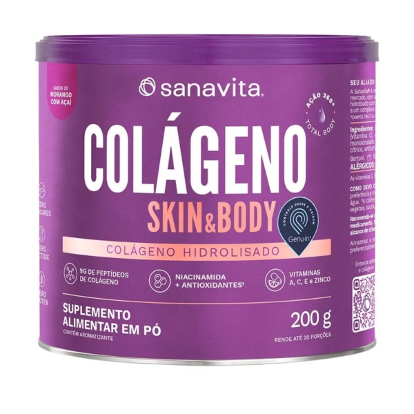 Colágeno Sanavita Skin Morango com Açaí Pó 200g