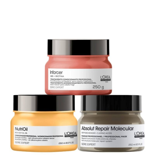 Kit L’Oréal Professionnel Absolut Repair Molecular + NutriOil + Inforcer Masks (3 Produtos)