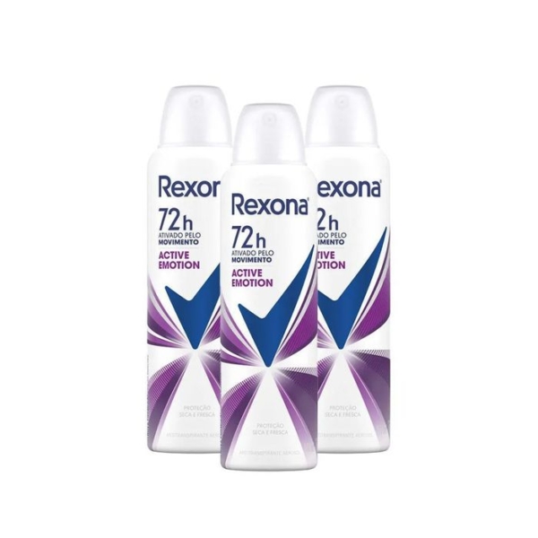 Kit com 3 Desodorantes Antitranspirantes Aerosol Feminino Rexona Active Emotion 72 Horas 150ml