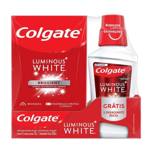 Kit Colgate Luminous White Brilliant Creme Dental 70g 3 unidades + Enxaguante Bucal 250ml