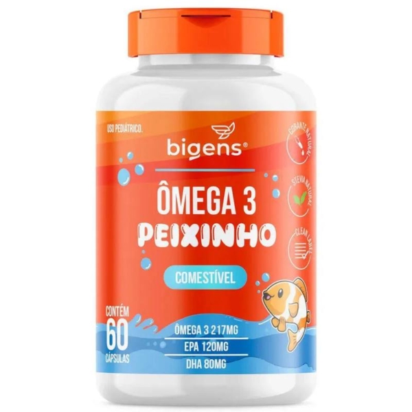 Ômega 3 Peixinho Mastigável 60 Cápsulas | DHA + EPA Sabor Laranja, Corante Natural, Zero Açúcar | Bigens