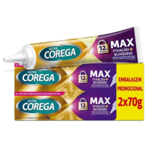 Creme Fixador de Dentadura Ultra Corega Max Fixação + Bloqueio Sem Sabor 2 unidades de 70g cada