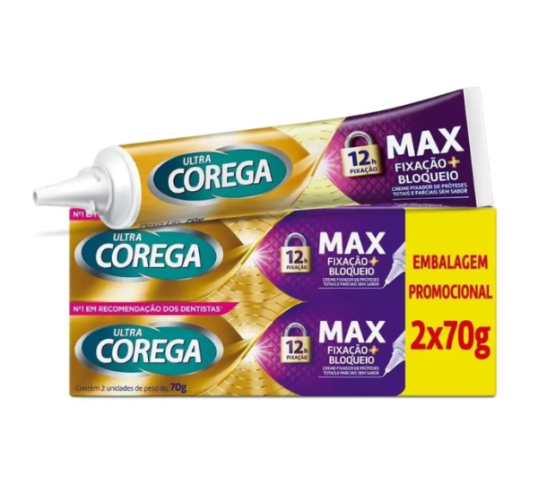 Creme Fixador de Dentadura Ultra Corega Max Fixação + Bloqueio Sem Sabor 2 unidades de 70g cada