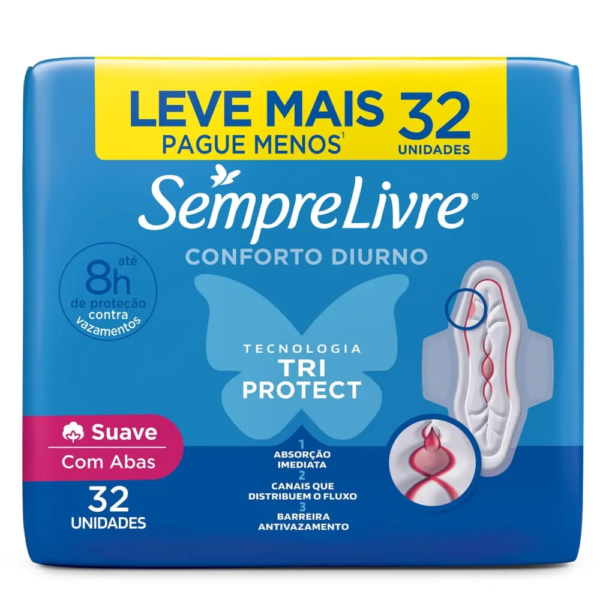 Absorvente Sempre Livre Conforto Diurno Cobertura Suave Com Abas 32 Unidades