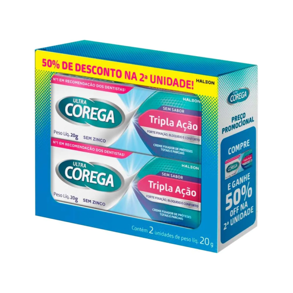 Creme Fixador De Proteses Dentarias Corega Tripla Acao Sem Sabor Com 2 Unidades De 20gr Cada Promocional